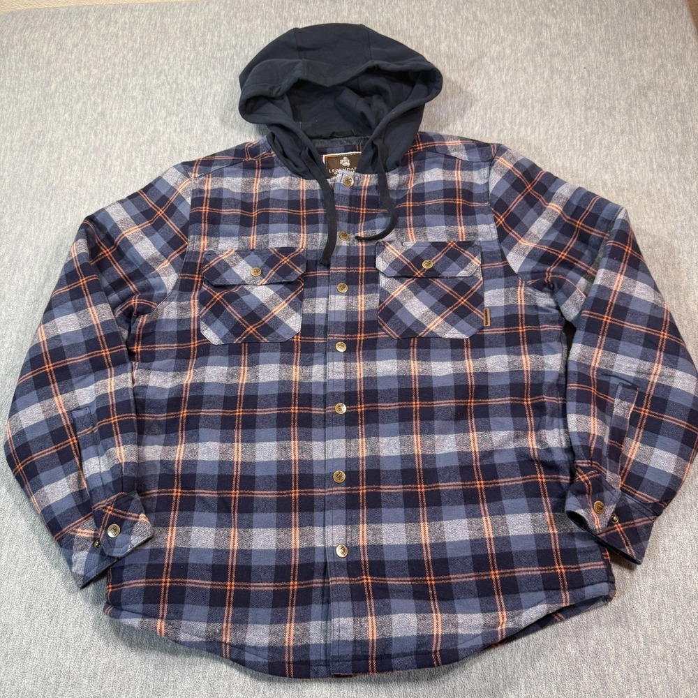 Legendary Outfitters‎ Flannel Jacket Men Medium Blue Orange Hooded Quilted Lined